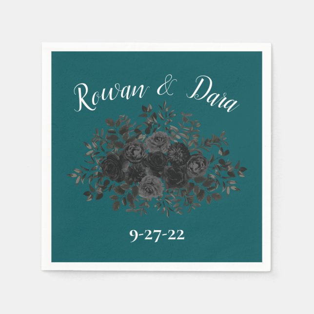 Black Teal Rose Gothic Elegant Wedding Napkin (Front)