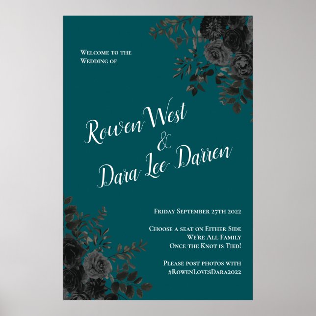 Black Teal Rose Gothic Elegant Wedding Poster (Front)