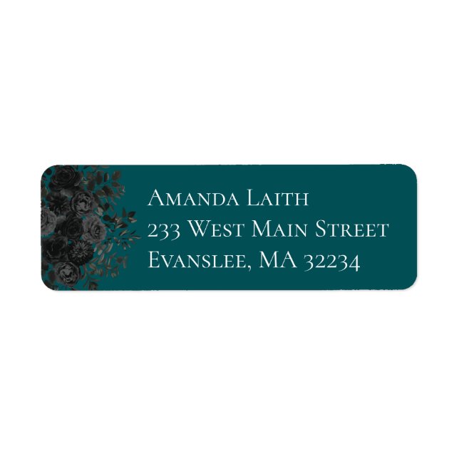 Black Teal Rose Gothic Elegant Wedding Return Address Label (Front)