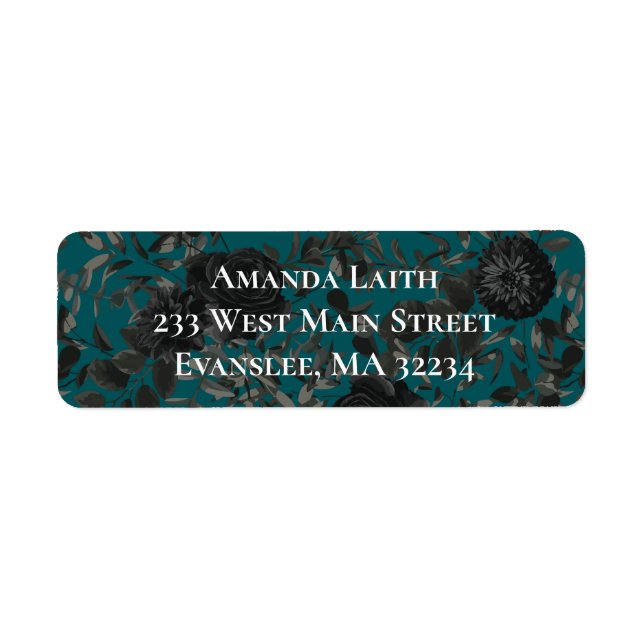 Black Teal Rose Gothic Elegant Wedding Return Address Label (Front)