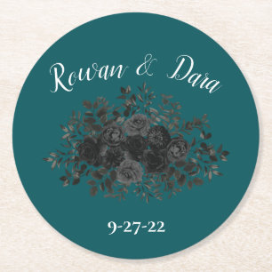 Black Teal Rose Gothic Elegant Wedding Round Paper Coaster