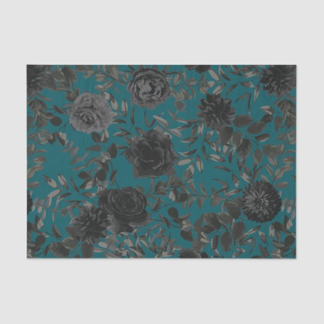 Black Teal Rose Gothic Elegant Wedding Tissue Paper (Front)