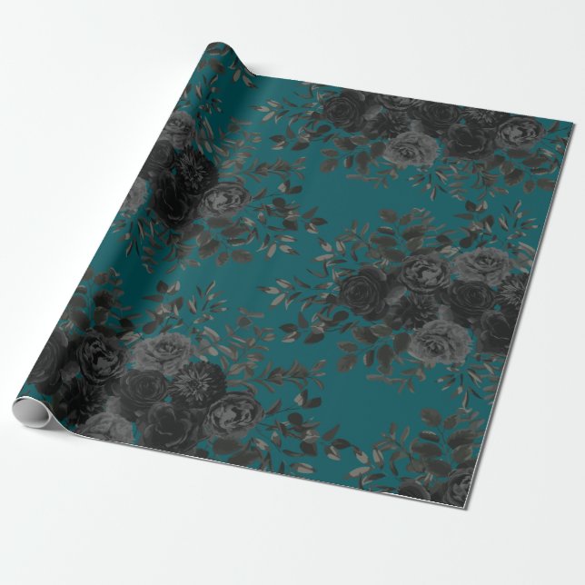 Black Teal Rose Gothic Elegant Wedding Wrapping Paper (Unrolled)