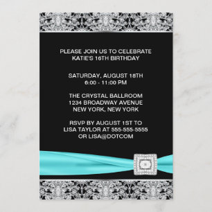 Black Teal Silver Lace Elegant Sweet Sixteen Party Invitation