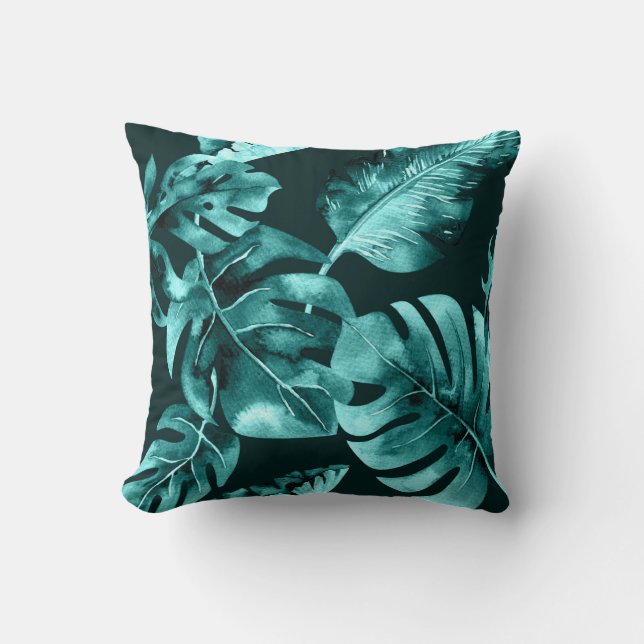 Black & Teal Tropical Palm Leaves Summer Chic Cushion (Front)