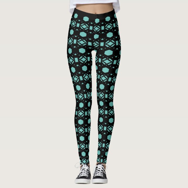 Black & Teal Turquoise Hexagon Geometric Pattern Leggings (Front)
