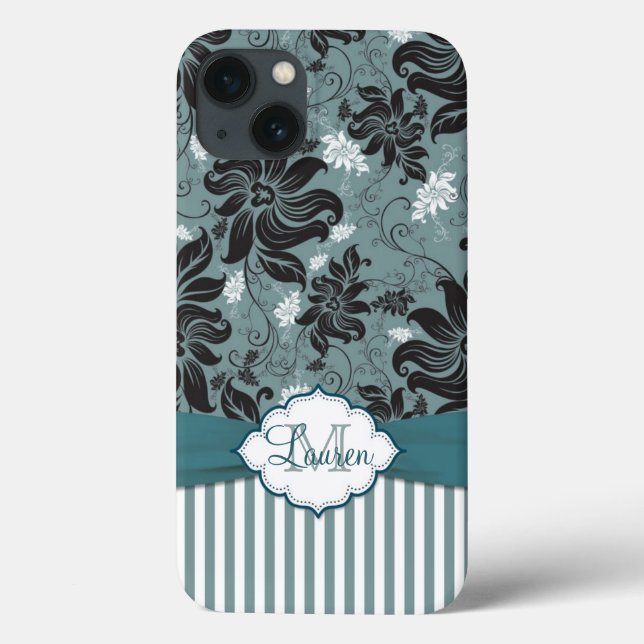 Black, teal, white floral Monogram Case-Mate iPhone Case (Back)
