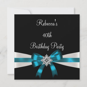 Black Teal White Jewel Bow 40th Elegant Birthday Invitation