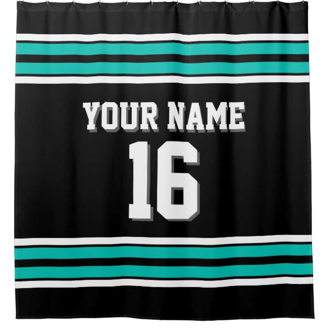 Black Teal White Stripes Sports Jersey Shower Curtain (Front)