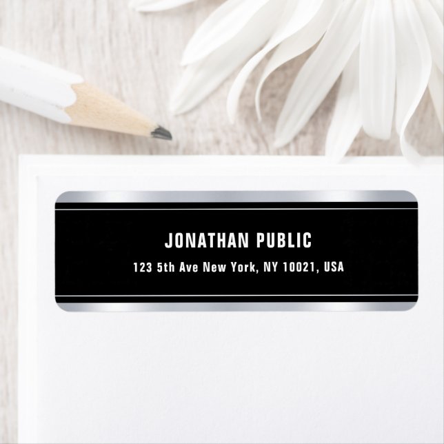 Black Template Silver Look Modern Return Address Label (Insitu)