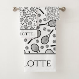 Black Tennis Rackets and Grey Balls Customisable H Bath Towel Set