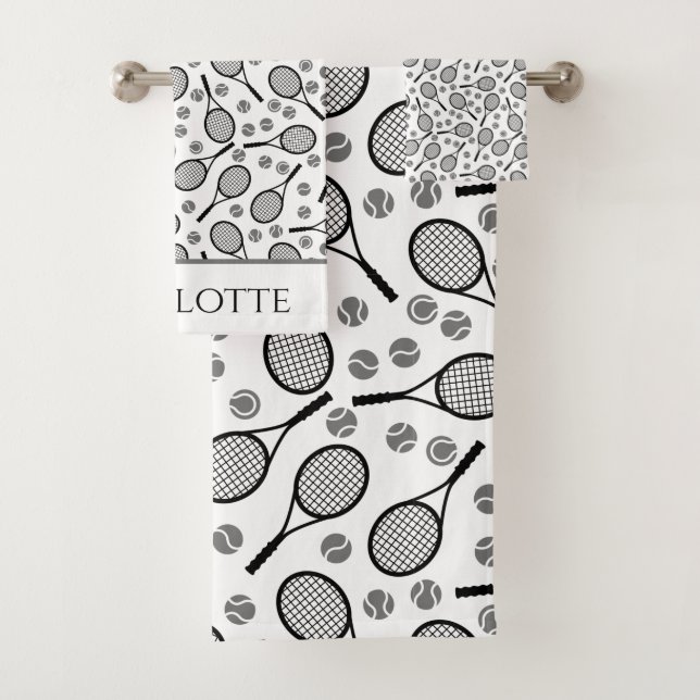 Black Tennis Rackets and Grey Balls Simple Classic Bath Towel Set (Insitu)
