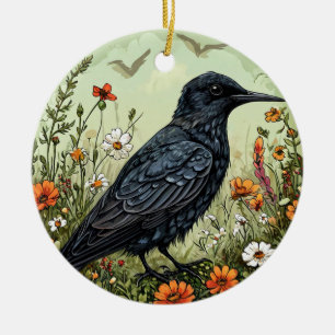 Black tern Bird Amid Blooming Flowers Ceramic Ornament