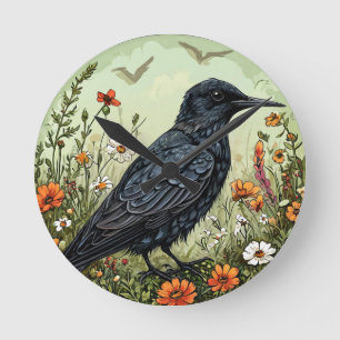 Black tern Bird Amid Blooming Flowers Round Clock