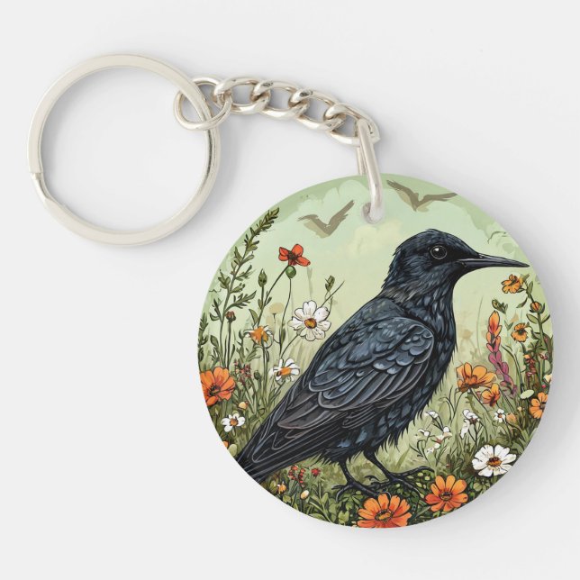 🖤 Black Tern Bird Floral Nature Design  Key Ring (Front)