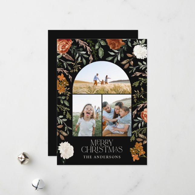 Black terracotta 3 photo botanical elegant arch holiday card (Front/Back In Situ)