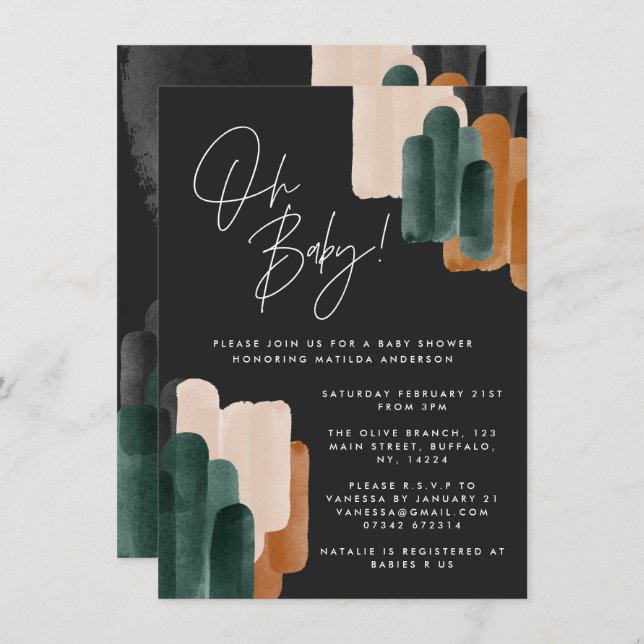 Black terracotta abstract watercolor baby shower invitation (Front/Back)