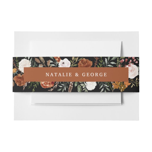 Black terracotta botanical elegant modern floral i invitation belly band (Front Example)