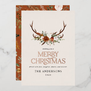Black terracotta botanical elegant stag floral foil holiday card