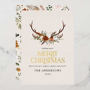 Black terracotta botanical elegant stag floral foil holiday card