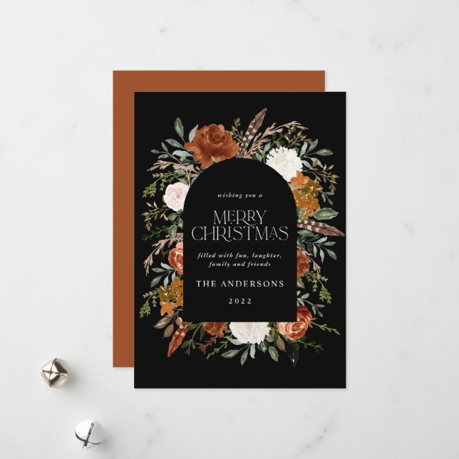Black terracotta floral botanical elegant arch holiday card (Front/Back In Situ)