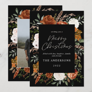 Black terracotta floral botanical elegant photo holiday card