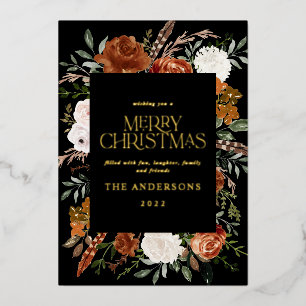 Black terracotta floral botanical elegant script h foil holiday card