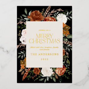 Black terracotta floral botanical elegant script h foil holiday card