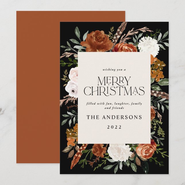 Black terracotta floral botanical elegant script holiday card (Front/Back)
