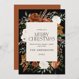 Black terracotta floral botanical elegant script holiday card