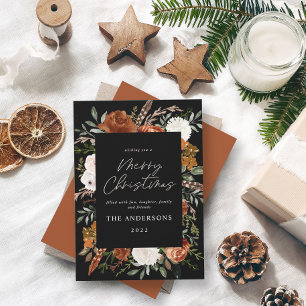 Black terracotta floral botanical elegant script holiday card
