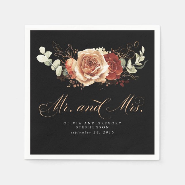 Black & Terracotta Floral Modern Wedding Napkin (Front)