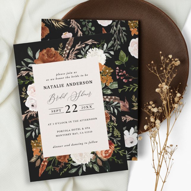 Black terracotta floral rustic bridal shower invitation (Creator Uploaded)