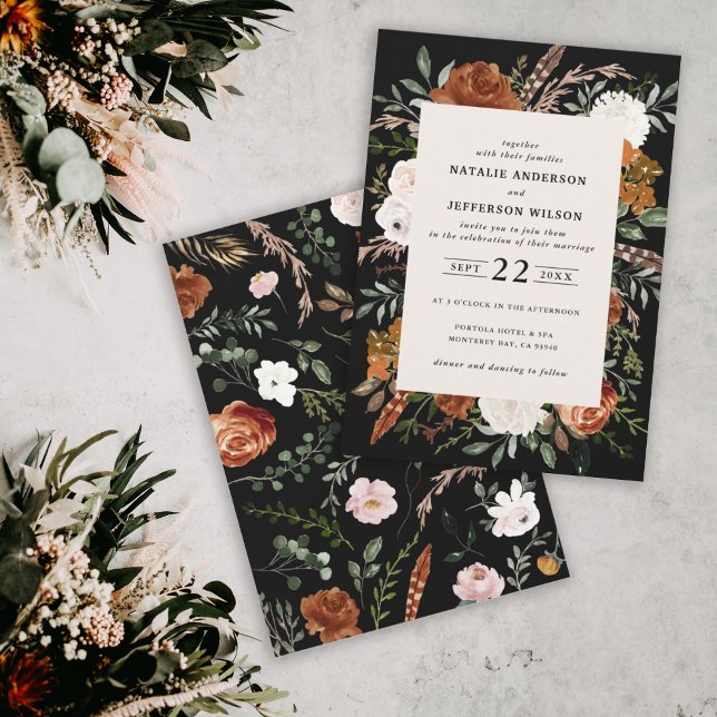 Black terracotta floral rustic elegant modern invitation (Creator Uploaded)