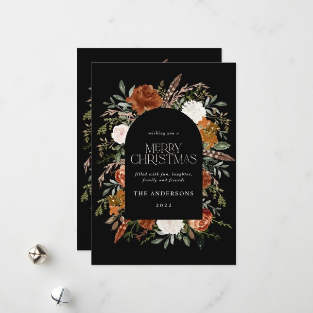 Black terracotta photo botanical elegant arch holiday card (Front/Back In Situ)
