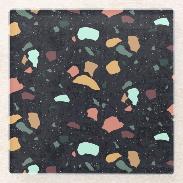 Black Terrazzo Pattern Glass Coaster (Front)