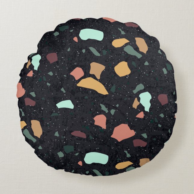 Black Terrazzo Pattern Round Cushion (Front)
