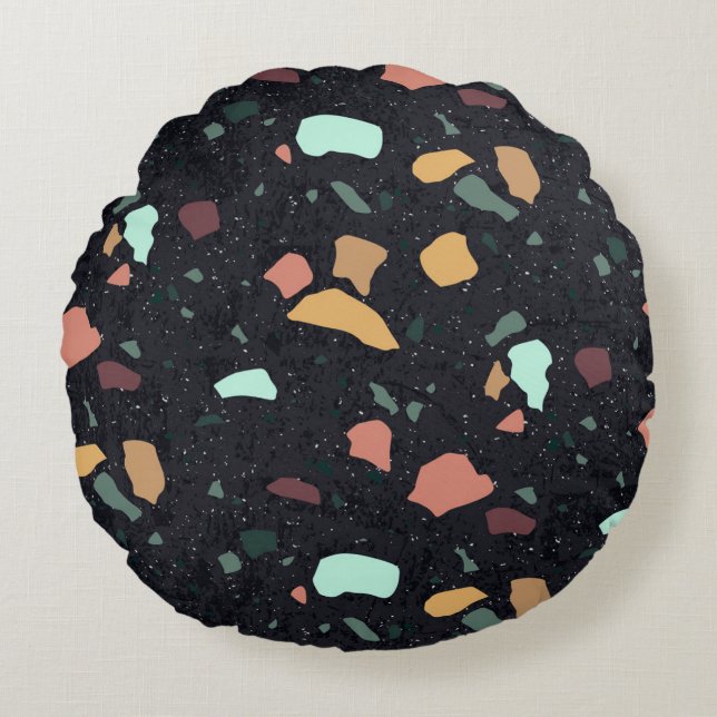Black Terrazzo Pattern Round Cushion (Front)