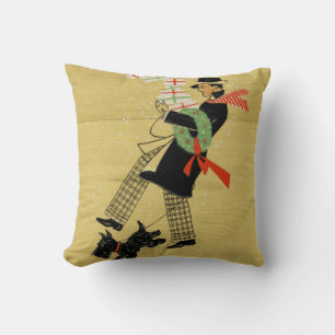 Black Terrier Dog With Man Vintage Christmas Cushion