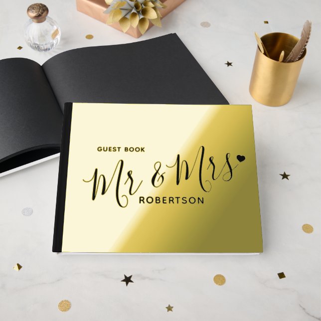 Black text little heart custom gold wedding guest book (Front Open)