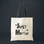 Black Text with Heart Just Married Tote Bag<br><div class="desc">Cool black text design with hearts Just Married T-shirts,  mugs,  stickers,  magnets,  buttons,  bags,  and more,  perfect for the bride and groom,  make lovely honeymoon T-shirts!</div>