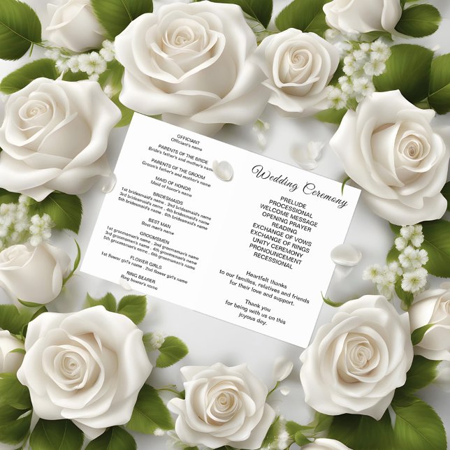  Black Texts on White Background Wedding Program (Black text on white background wedding program with Rose flowers)