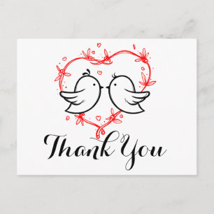 Black Thank You Lovebirds Red Hearts Wedding Postcard