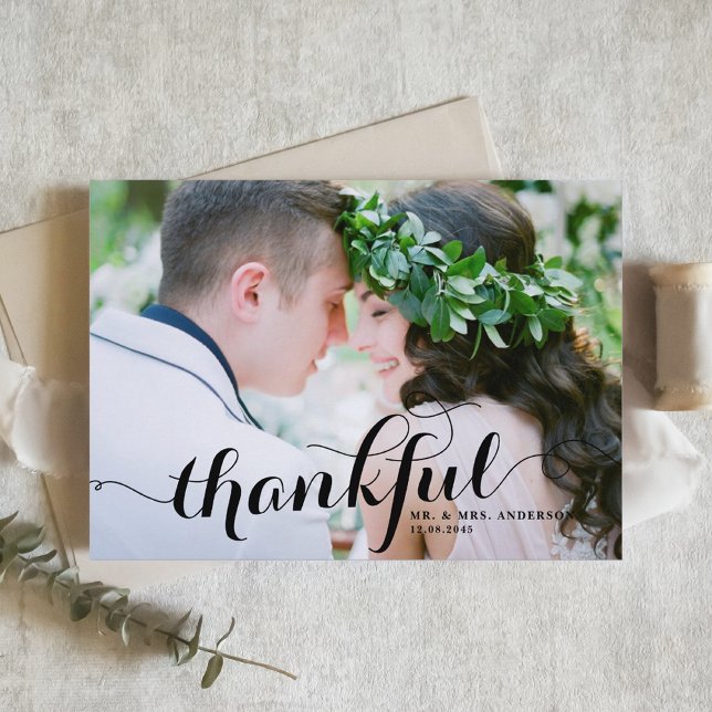 Black Thankful Modern Calligraphy Photo Wedding Thank You Card (Creator Uploaded)