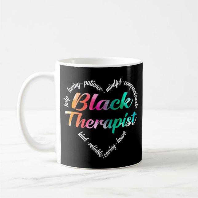 Black Therapist Heart Word Cloud Watercolor Coffee Mug (Left)