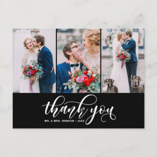 Black Three Photo Collage Thank You Script Wedding Postcard