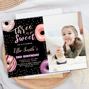 Black Three Sweet Pink Photo Doughnut Birthday Invitation