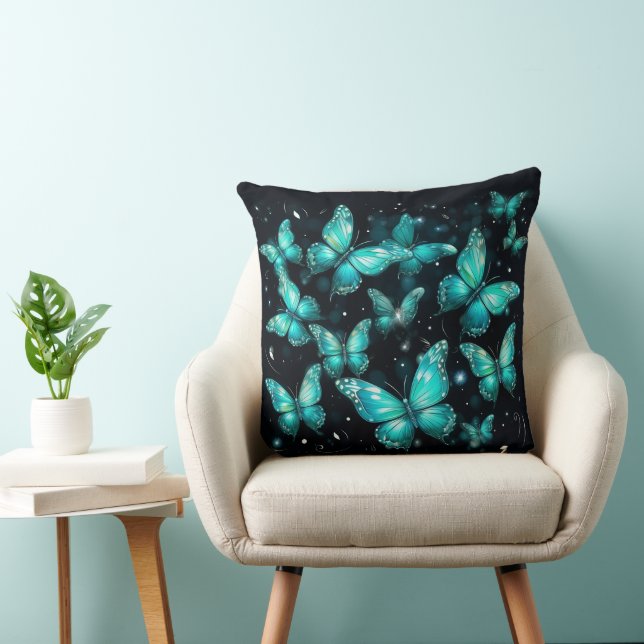 Black Throw Pillow With Teal Butterflies (Chair)
