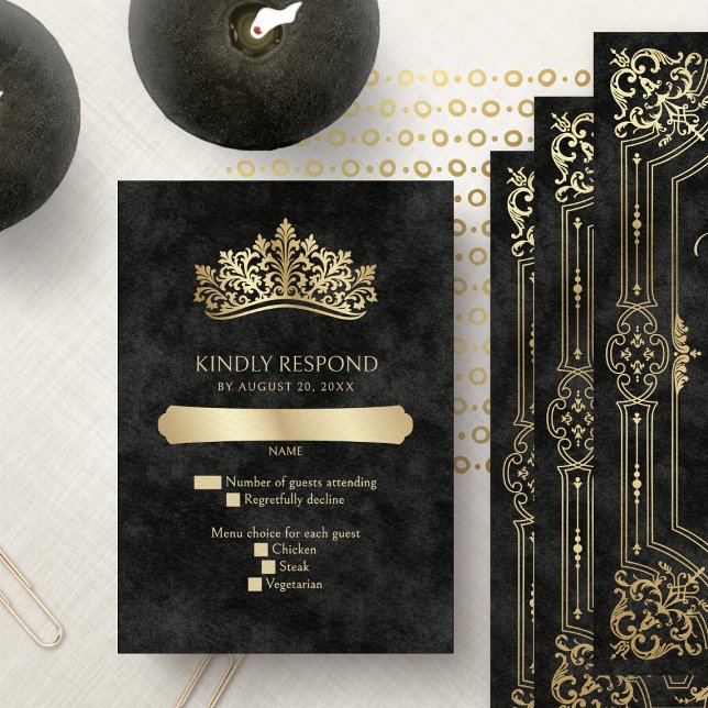 Black Tiara Crown Elegant Quinceanera RSVP Card (Creator Uploaded)