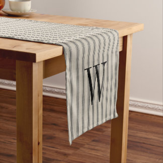 Black Ticking Stripes Monogram | Modern Farmhouse Short Table Runner